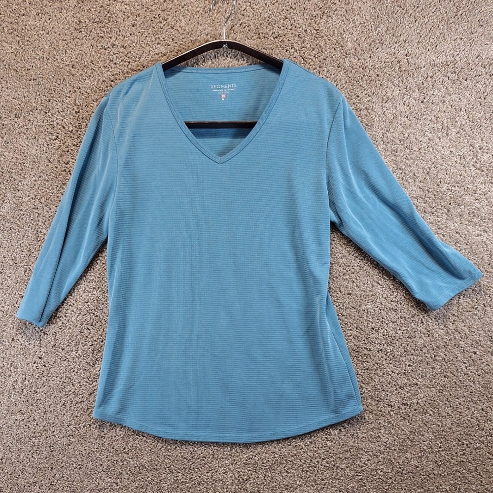 Segments T-Shirt Womens M Blue V-Neck‎ 3/4 Sleeve Textured Knit Casual Basic Top